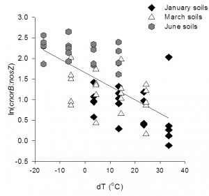 Ratio of cnorB:nosZ genes (nitroc oxide reductase : nitrous oxide reductase) in January, March, and June soils during incubations, as affected by incubation temperature.